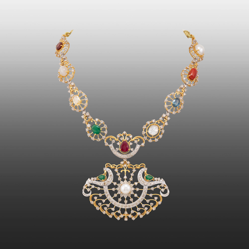 Navratan Necklace with Diamond Frames and Central Pearl Pendant